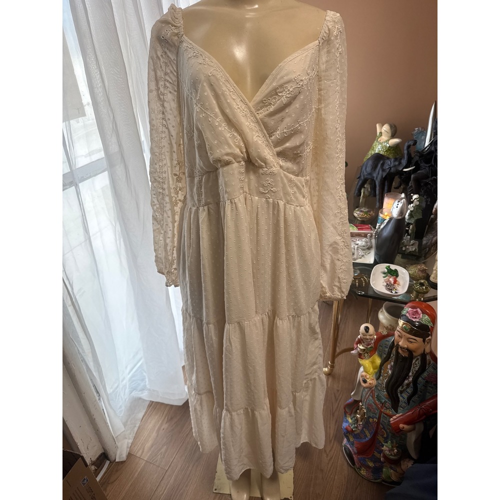 Shein Curve Cream Ivory Floral Embroidered Swiss Dot Maxi Dress 3XL Boho Cottage